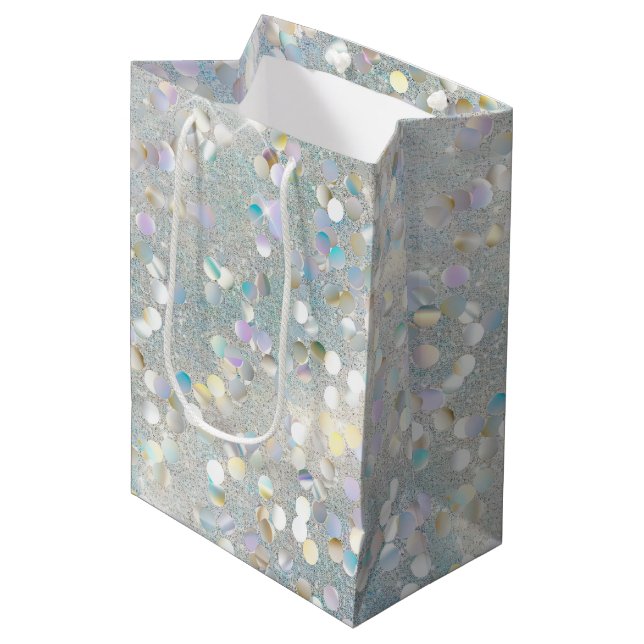 Silver Glitter Party Blue White Bokeh Birthday Medium Gift Bag (Front Angled)