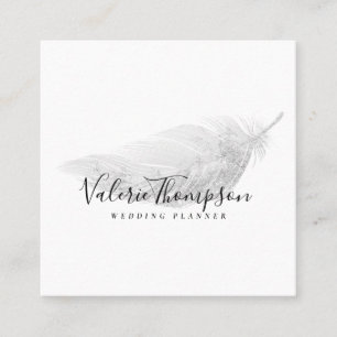 Silver glitter pastel grey feather modern elegant square business card