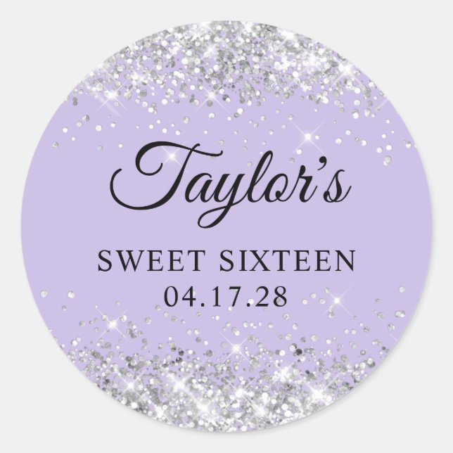 Silver Glitter Pastel Purple Sweet Sixteen Classic Round Sticker (Front)