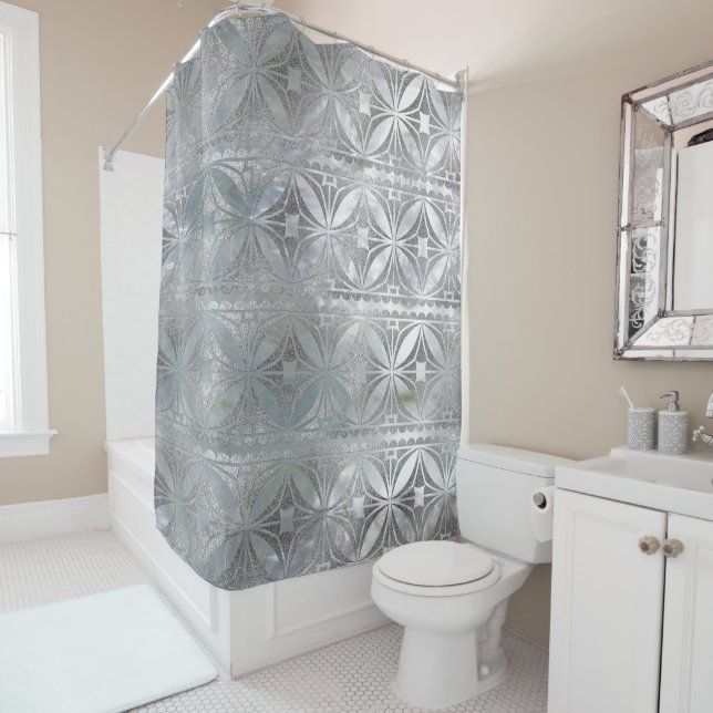 Silver glitter pattern on mother of pearl shower curtain (In Situ)