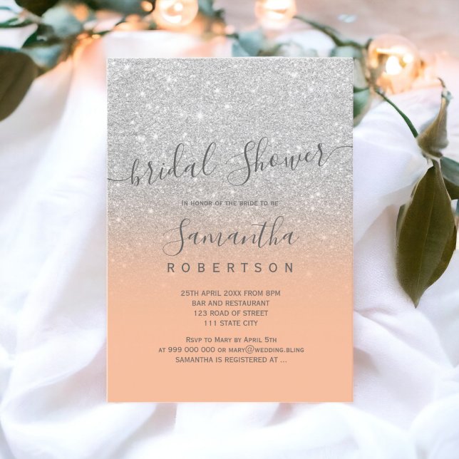 Silver glitter peach script bridal shower invitation (Silver glitter peach script bridal shower invitation)