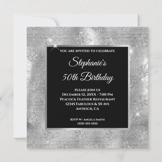 Silver Glitter Peacock Feather Glam Birthday Invitation (Front)