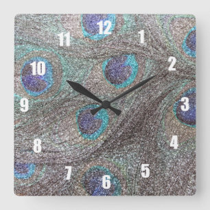 Silver glitter peacock feathers square wall clock