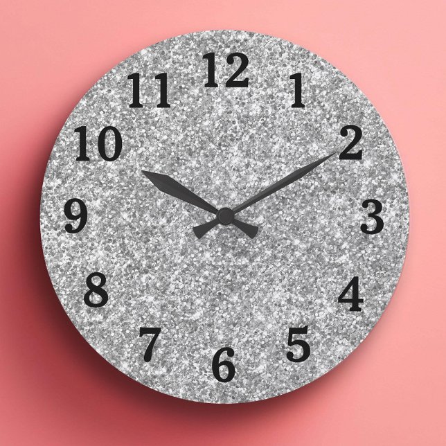 Silver Glitter Photo Black Numbers Large Clock (Silver Glitter Photo Black Numbers Large Clock)