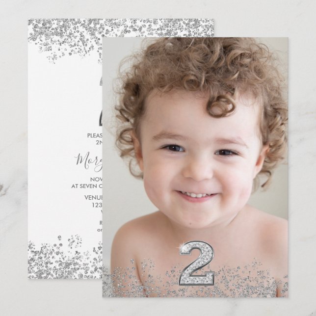 Silver Glitter & Photo Boys 2nd Birthday Party Invitation (Front/Back)