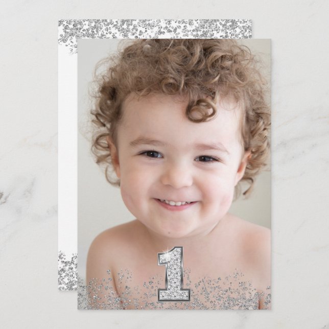 Silver Glitter Photo Boys Girls 1st Birthday Party Invitation (Front/Back)