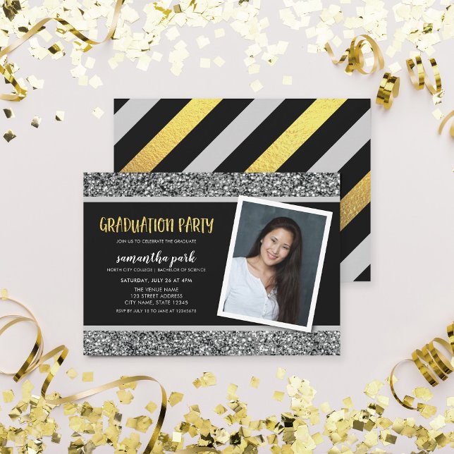 Silver Glitter Photo Graduation Party Invitation (Creator Uploaded)