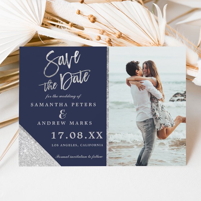 Silver glitter photo navy blue save the date (Creator Uploaded)