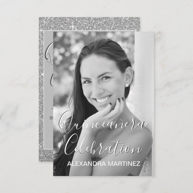Silver Glitter Photo - Quinceanera Celebration Invitation (Front/Back)