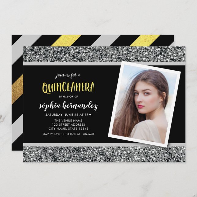 Silver Glitter Photo Quinceanera Invitation (Front/Back)