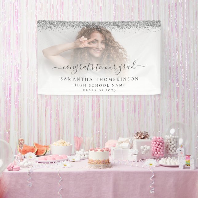Silver Glitter Photo Script 2024 Graduation Banner (Party)