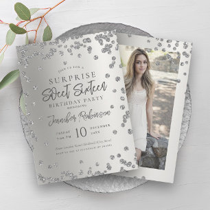 Silver Glitter Photo SURPRISE Sweet 16 Invitation