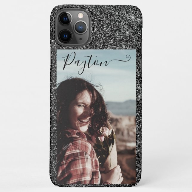 Silver Glitter Photo Template Custom Name Black iPhone Case (Back)