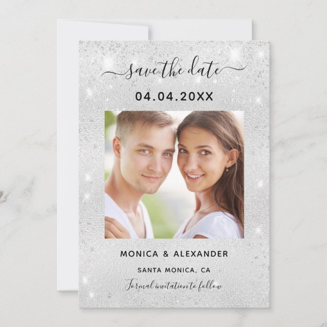 Silver glitter photo wedding Save the Date (Front)