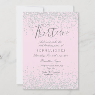 Silver Glitter Pink 13th Birthday Invite