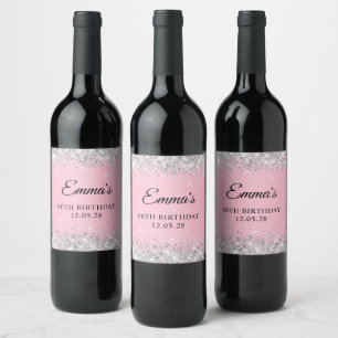 Silver Glitter Pink 60th Birthday Wine Label