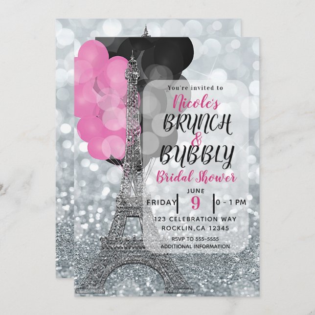 Silver Glitter Pink Black Balloons Eiffel Tower Invitation (Front/Back)