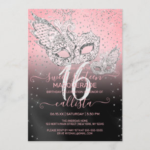 Silver Glitter Pink Black Masquerade Sweet 16 Invitation