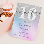 Silver glitter pink blue chic girly Sweet 16 Invitation<br><div class="desc">Silver glitter ombre sparkles on pink purple blue gradient with a script calligraphy typography sweet 16 birthday party invitation .Perfect for a modern elegant sweet sixteen party. Add your photo at the back.</div>
