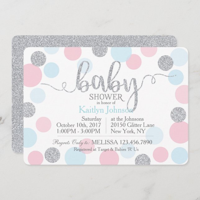 Silver Glitter Pink Blue Scatter Dots Baby Shower Invitation (Front/Back)
