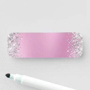 Silver Glitter Pink Blur Blank Name Tag