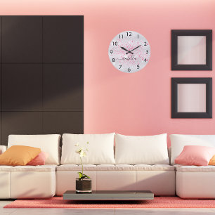 Silver glitter pink dust metal name script large clock