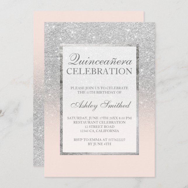 Silver glitter pink elegant chic Quinceañera Invitation (Front/Back)