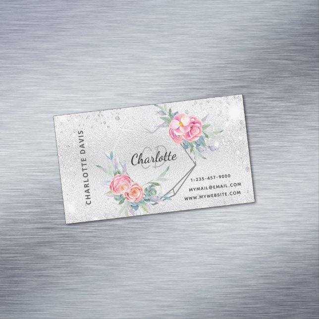 Silver glitter pink floral makeup hair beauty 	Magnetic business card (In Situ)