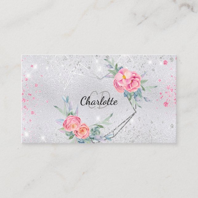 Silver glitter pink florals makeup hair beauty business card (Front)