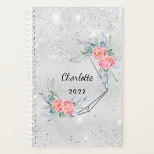 Silver glitter pink florals monogram 2025 planner
