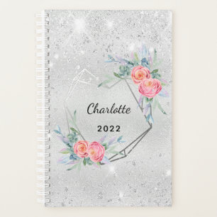 Silver glitter pink florals monogram 2026 planner