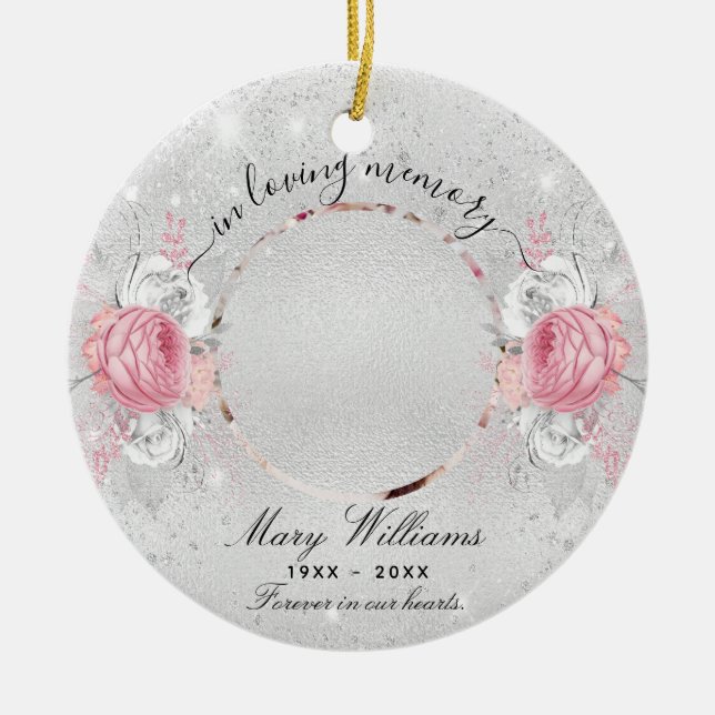Silver glitter pink florals photo memorial ceramic ornament (Front)