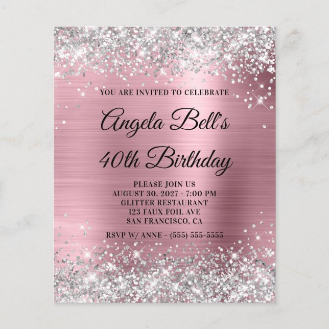 Silver Glitter Pink Foil 40th Birthday Invite Flyer (Front)