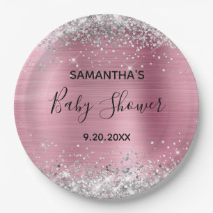 Silver Glitter Pink Foil Baby Shower Paper Plate
