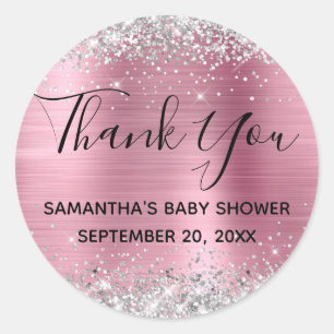 Silver Glitter Pink Foil Baby Shower Thank You Classic Round Sticker