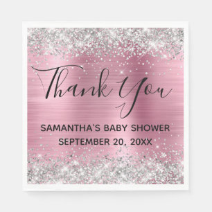 Silver Glitter Pink Foil Baby Shower Thank You Napkin