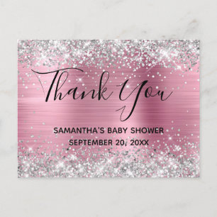Silver Glitter Pink Foil Baby Shower Thank You Postcard