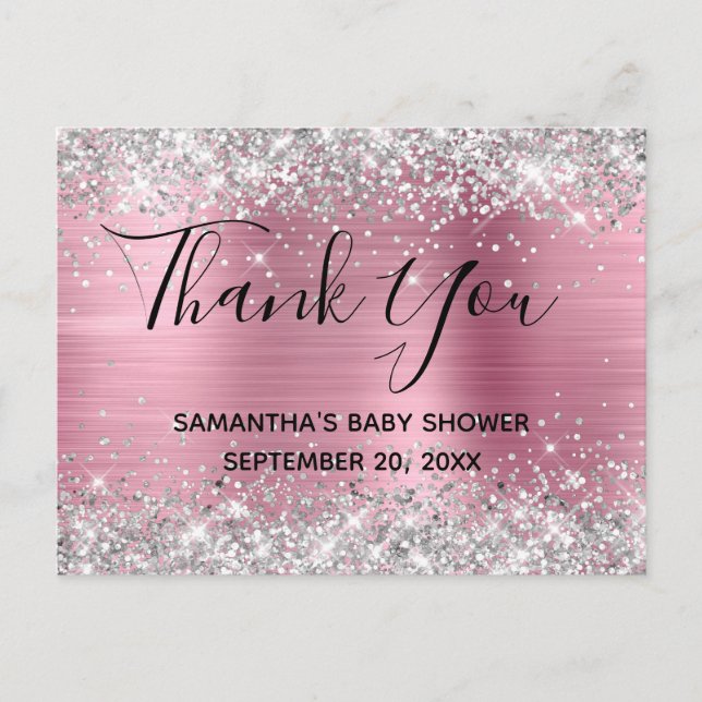 Silver Glitter Pink Foil Baby Shower Thank You Postcard (Front)
