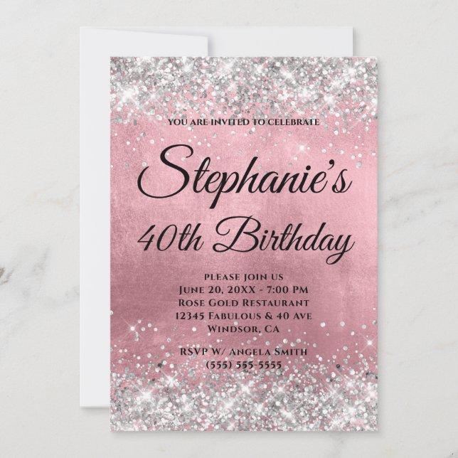 Silver Glitter Pink Foil Fancy Monogram Invitation (Front)