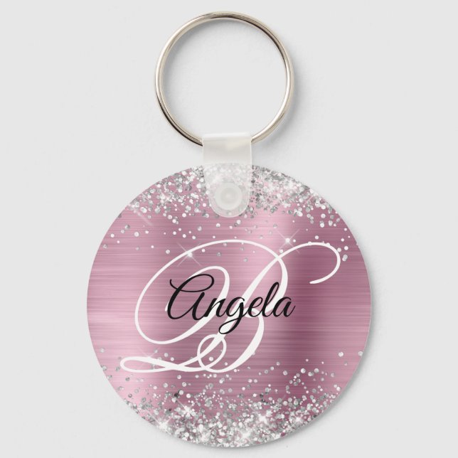 Silver Glitter Pink Foil Fancy Monogram Key Ring (Front)