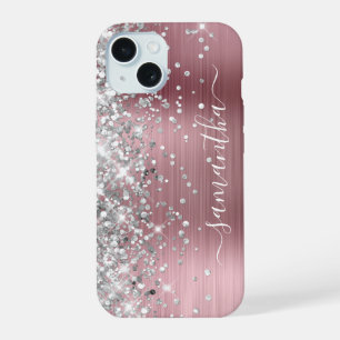 Silver Glitter Pink Foil Modern Girly Signature iPhone 15 Case