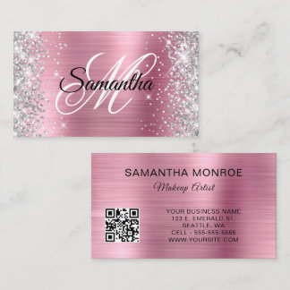 Silver Glitter Pink Foil Monogram QR Code Business Card