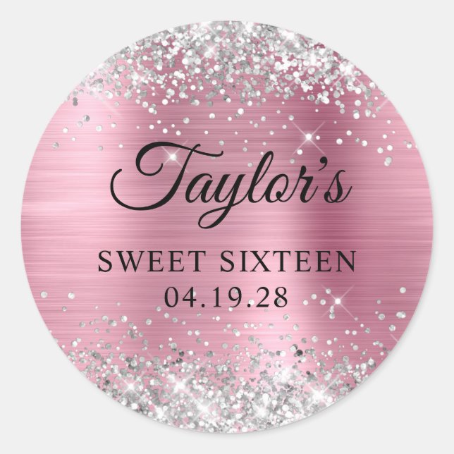 Silver Glitter Pink Foil Sweet Sixteen Classic Round Sticker (Front)
