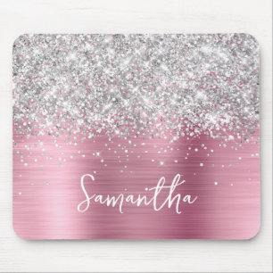 Silver Glitter Pink Glam Name Mouse Pad