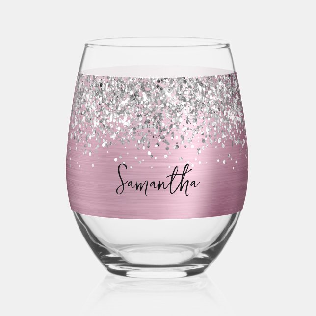 Silver Glitter Pink Glam Name Stemless Wine Glass (Front)