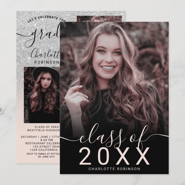 Silver glitter pink ombre 5 photos graduation invitation (Front/Back)
