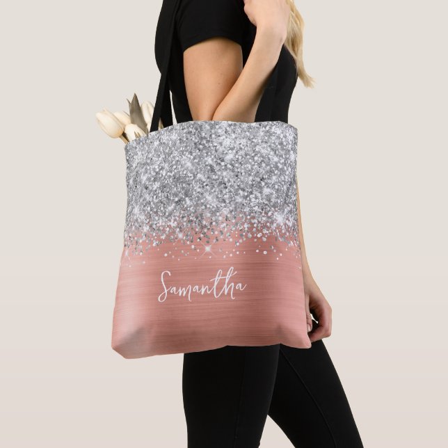 Silver Glitter Pink Peach Glam Name Tote Bag (Close Up)