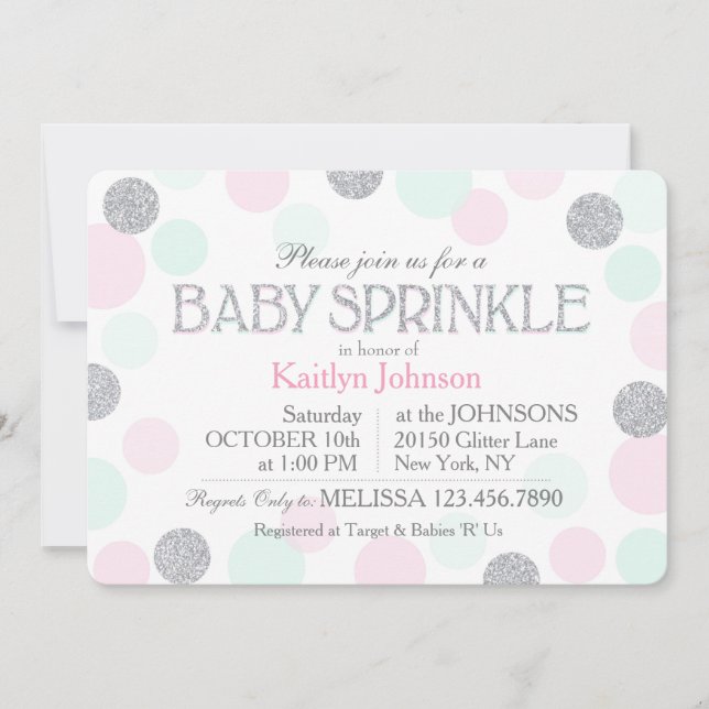 Silver Glitter Pink Seafoam Dots Baby Sprinkle Invitation (Front)