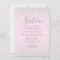 Silver Glitter Pink Sweet 16 16th Birthday Invite