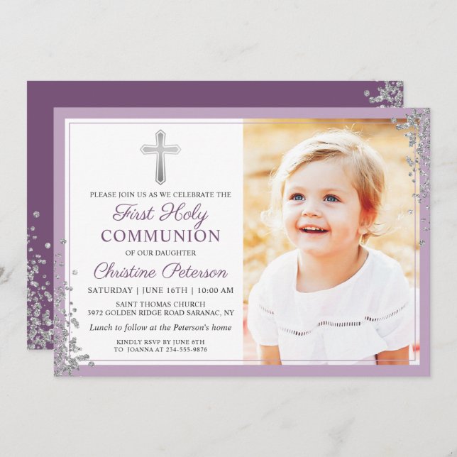 Silver Glitter Plum Purple First Communion Photo Invitation (Front/Back)